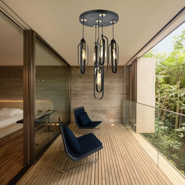 Koza 5Li Yuvarlak Siyah Modern Genç Odası Mutfak Retro Salon Sarkıt Avize - Resim 9