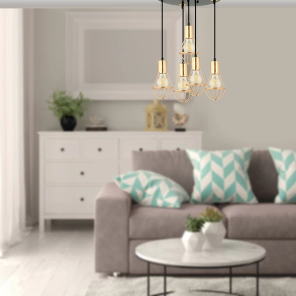 Apliqa Ciri 5 Li Yuvarlak Gold Kaplama Tel Sarkıt Modern Genç Odası Mutfak Oturma Odası Salon Sarkıt Avize - 2