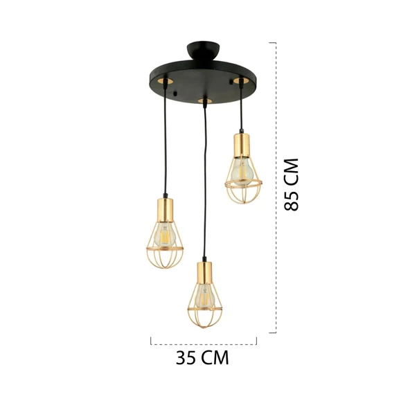 Apliqa Ciri 3 Lü Yuvarlak Gold Kaplama Tel Sarkıt Modern Genç Odası Mutfak Oturma Odası Salon Sarkıt Avize - 8