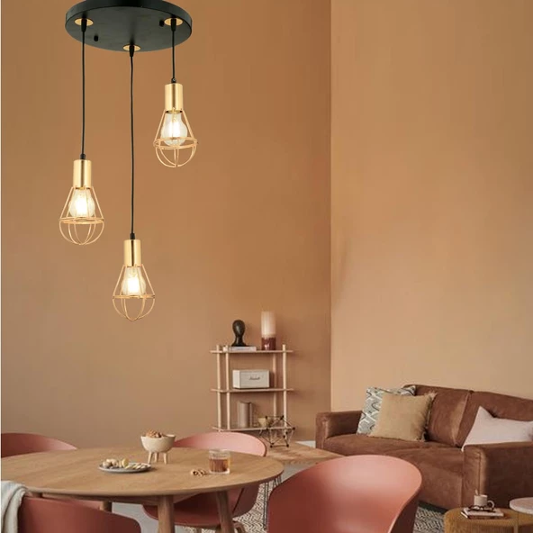 Apliqa Ciri 3 Lü Yuvarlak Gold Kaplama Tel Sarkıt Modern Genç Odası Mutfak Oturma Odası Salon Sarkıt Avize - 2