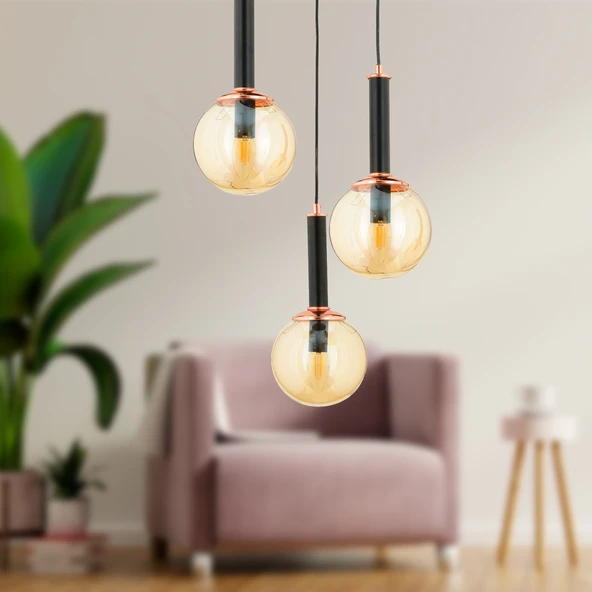 Erna 3Lü Sarkıt Yuvarlak Siyah Modern Genç Odası Mutfak Retro Salon Sarkıt Avize ürün görseli 1