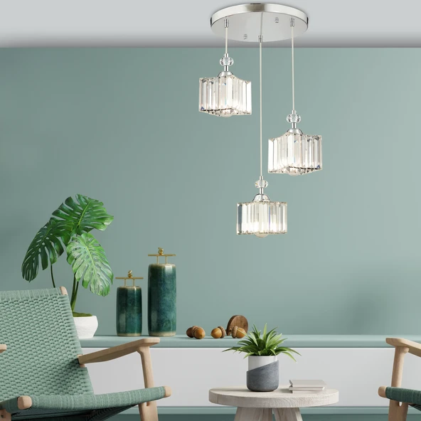 Kuğu 3 Lü Krom  Kristalli, Taşlı Modern Tasarım Kristal Salon Sarkıt Avize - Resim 2