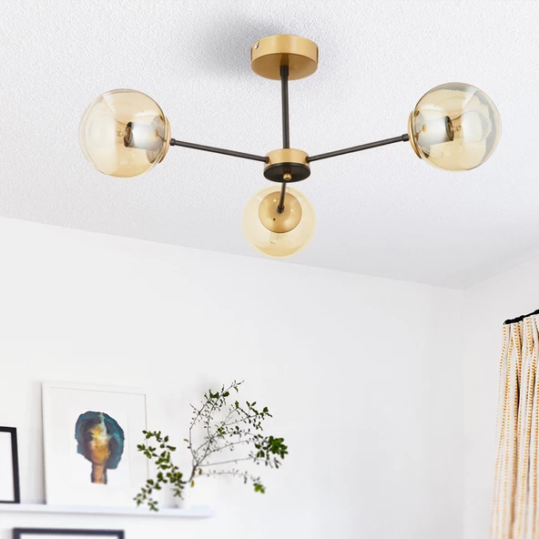 Apliqa Nide 3Lü Siyah Eskitme Bal Camlı Modern Genç Odası Yatak Odası Retro Salon Avize ürün görseli