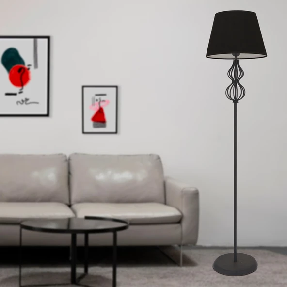 Vance Siyah Şapkalı Siyah Modern Tasarım Ayaklı Abajur Lamba Metal Lambader ürün görseli 1