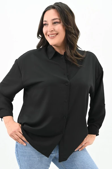 Kadın Büyük Beden Bağlama Detaylı Gömlek 1709-25 - 4