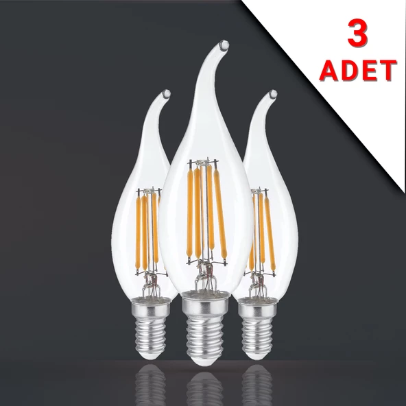 Apliqa 3 ADET KIVRIK UÇLU FİLAMANLI E14 RUSTİK AMPUL 6 WATT 3000K GÜN IŞIĞI T35