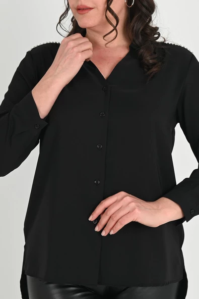 Kadın Büyük Beden Omuz Taş Detaylı Gömlek 1687-24 - 6