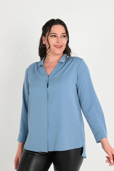 Kadın Büyük Beden Omuz Taş Detaylı Gömlek 1687-24 - 2