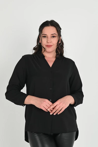 Kadın Büyük Beden Omuz Taş Detaylı Gömlek 1687-24 - 5