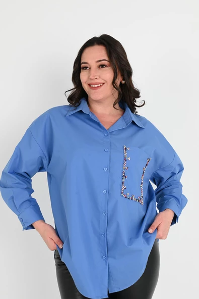 Kadın Büyük Beden Cep Boncuk Gömlek 1673-24 - 3