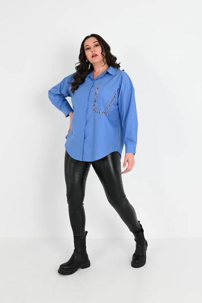 Kadın Büyük Beden Cep Boncuk Gömlek 1673-24 - 2