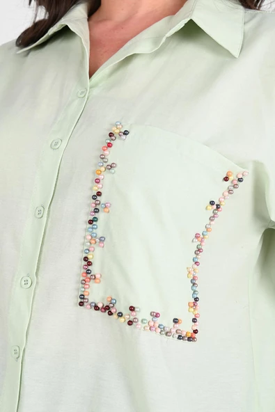 Kadın Büyük Beden Cep Boncuk Gömlek 1673-24 - 11