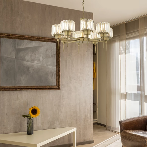 Apliqa Sadem 8'Li Eskitme Kristalli Taşlı Modern Tasarım Salon-Yatak Odası Kristal Salon Avize - Resim 2