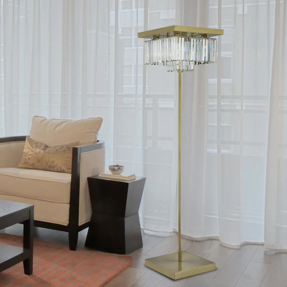 Nilüfer Kare Eskitme Kristal Taşlı Modern Tasarım Metal Lambader ürün görseli 1