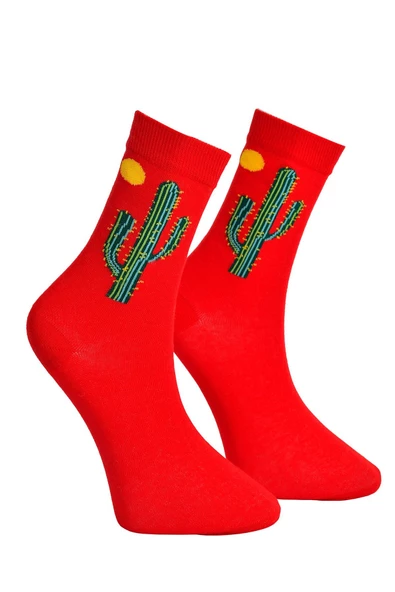 Unisex Kaktüs Desenli Çorap Kırmızı - LksÇrp06
