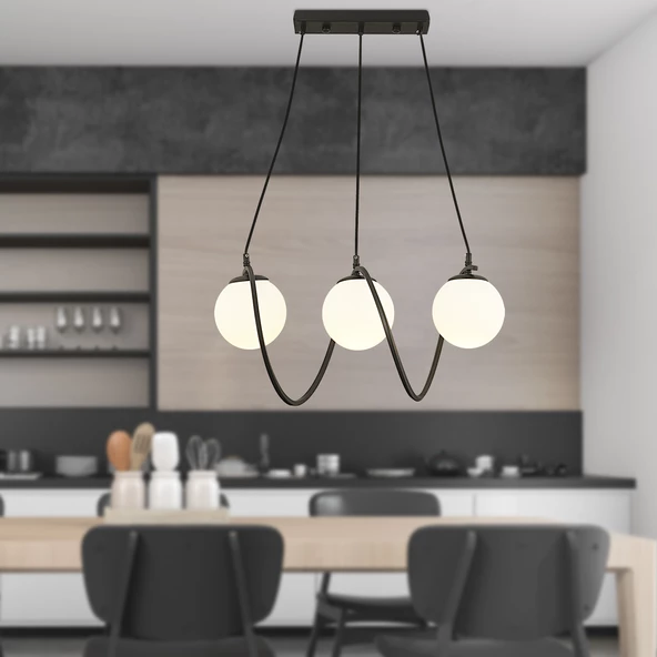 Apliqa Jarry 3Lü Beyaz Camlı Siyah Modern Tasarım Yemek Masası Üstü Salon Avize ürün görseli