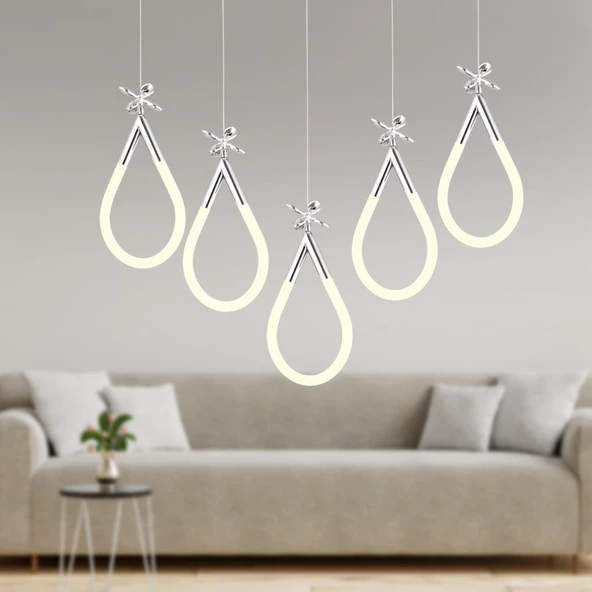 Apliqa Vojens 5'li Sıralı Krom Ledli 67 Watt Kelebek Detaylı Modern Koridor, Yatak Odası Salon Sarkıt Led Avize