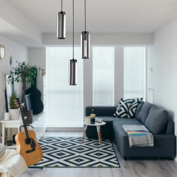 Apliqa Natali 3 Lü Siyah Kristalli, Taşlı Modern Tasarım Kristal Salon Sarkıt Avize - Resim 2