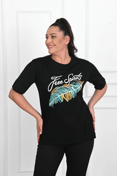 Kadın Büyük Beden Free Spirit Baskılı T-Shirt 1576-23 - 4