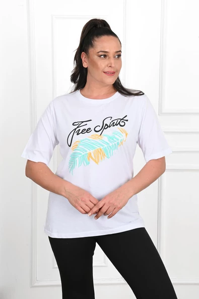 Kadın Büyük Beden Free Spirit Baskılı T-Shirt 1576-23 - 12