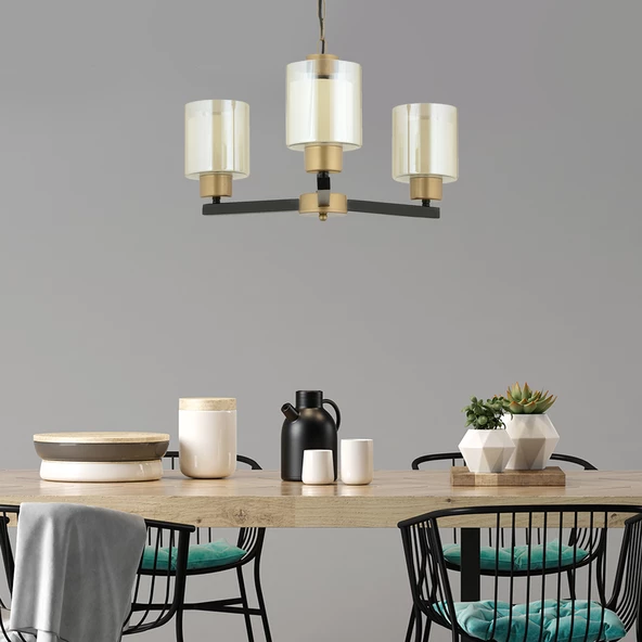 Apliqa Jade 3 Lü Avize Eskitme Siyah Boyalı Çift Camlı Modern Genç Odası Yatak Odası Retro Salon Avize - Resim 2