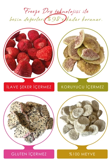 Freeze Dried Meyve Paketi. Dondurularak Kurutulmuş Çilek+İncir+Ejder Meyvesi+Muz (4x20 g.) - 3