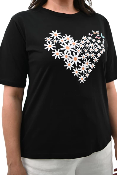 Kadın Büyük Beden Kalp şeklinde Papatya Baskılı T-Shirt 1575-23 - 6