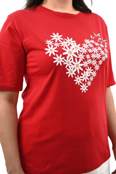 Kadın Büyük Beden Kalp şeklinde Papatya Baskılı T-Shirt 1575-23 - 11