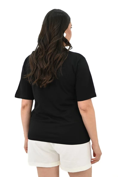 Kadın Büyük Beden Kalp şeklinde Papatya Baskılı T-Shirt 1575-23 - 5