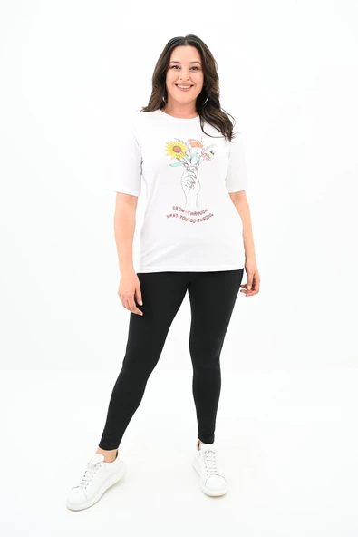 Kadın Büyük Beden Çiçek Tutan El Baskılı T-Shirt 1574-23 - 8