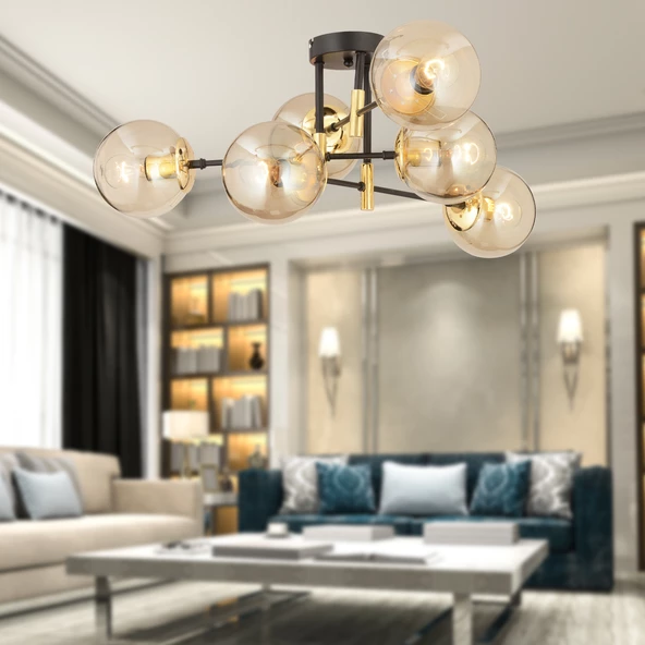 Apliqa Maral 6Lı Siyah Gold  Bal Camlı Modern Genç Odası Yatak Odası Retro Salon Avize