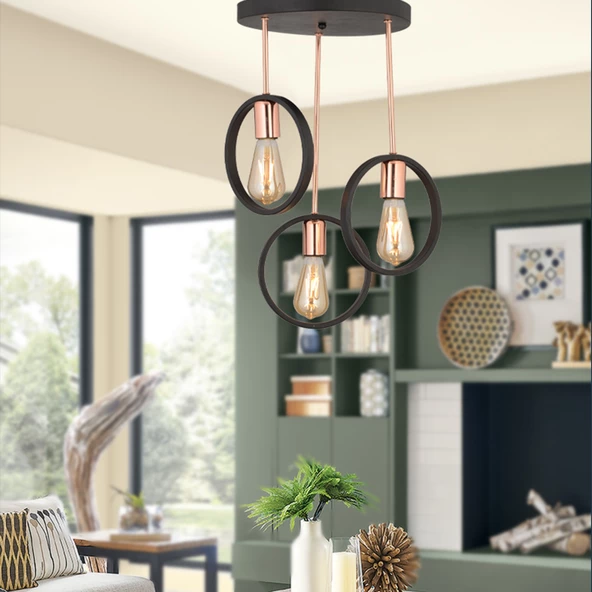 Apliqa Halka 3Lü Yuvarlak Bakır Siyah Modern Koridor Mutfak Salon Retro Avize ürün görseli