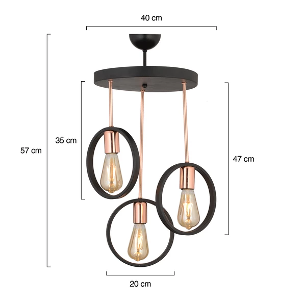 Apliqa Halka 3Lü Yuvarlak Bakır Siyah Modern Koridor Mutfak Salon Retro Avize - Resim 5