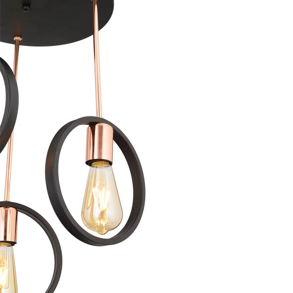 Apliqa Halka 3Lü Yuvarlak Bakır Siyah Modern Koridor Mutfak Salon Retro Avize - Resim 4