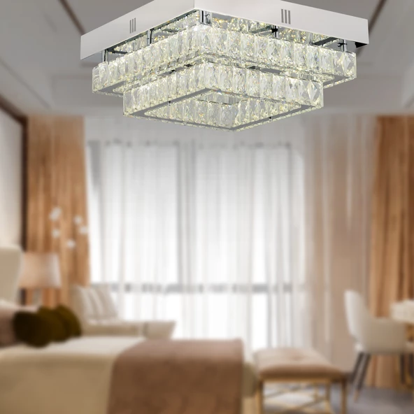 Apliqa Modina 2 Katlı Krom Ledli 3 Renkli 70 Watt Kristalli Taşlı Modern Tasarım Led  Kristal Salon Avize