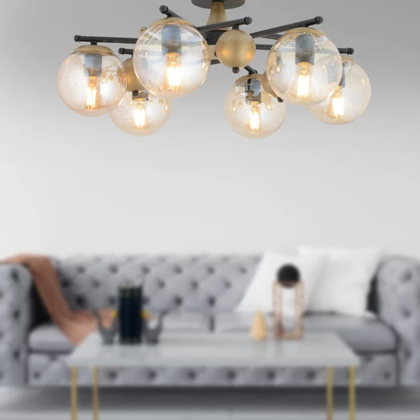 Apliqa Peyda 6'lı Siyah Eskitme Bal Camlı Modern Koridor Yatak Odası Salon Avize ürün görseli