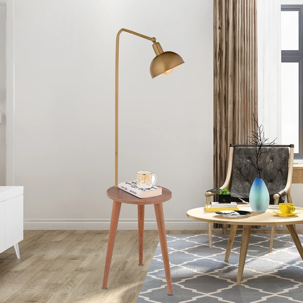 Magic Eskitme Başlıklı Ahşap Sehpalı Modern Ayaklı Abajur Lamba Ahşap Lambader ürün görseli 1