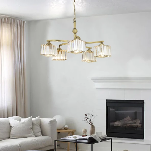 Apliqa Rima 5 Kollu Eskitme Kristalli Taşlı Modern Tasarım Salon-Yatak Odası Kristal Salon Avize - Resim 2