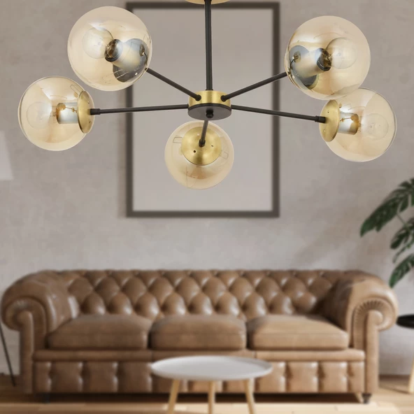 Apliqa Nide 5Li Siyah Eskitme Bal Camlı Modern Genç Odası Yatak Odası Retro Salon Avize - Resim 2