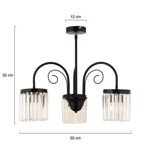 Apliqa Matias 3Lü Siyah Kristalli, Taşlı Modern Tasarım Kristal Salon Avize - Resim 9