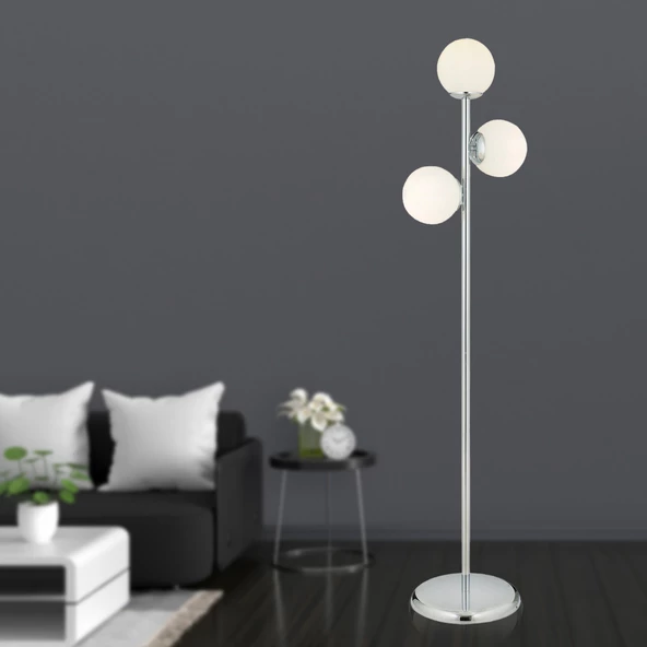 Apliqa Zambak 3 Lü Krom Beyaz Camlı Modern Dekoratif Tasarım Metal Lambader - 2