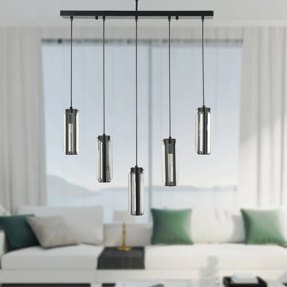 Apliqa Natali 5 Li Sıralı Siyah Salon- Modern Tasarım Yemek Masası Üstü Salon Sarkıt Avize - 1