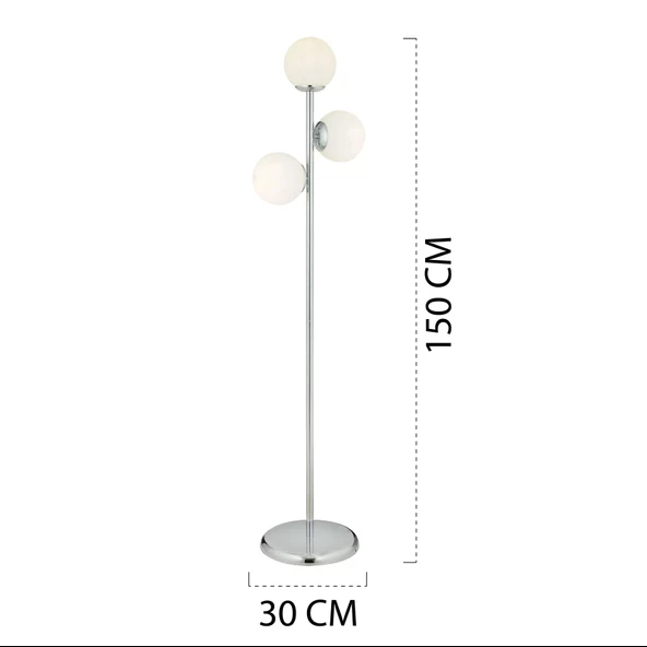 Apliqa Zambak 3 Lü Krom Beyaz Camlı Modern Dekoratif Tasarım Metal Lambader - 9