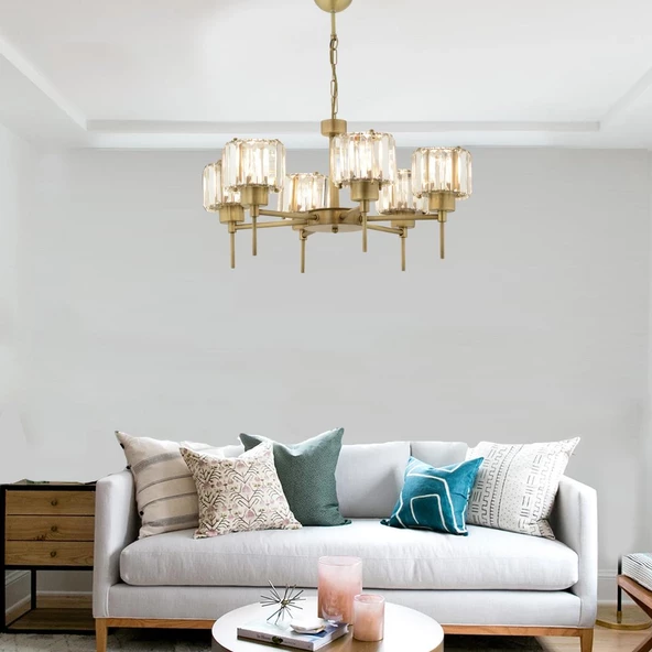 Apliqa Sadem 6'Lı Eskitme Kristalli Taşlı Modern Tasarım Salon-Yatak Odası Kristal Salon Avize - Resim 2