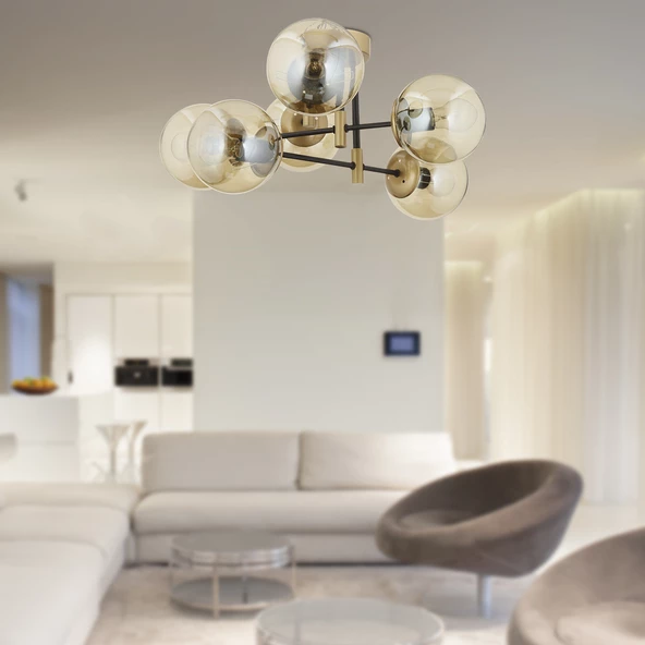 Apliqa Maral 6Lı Siyah Eskitme Bal Camlı Modern Genç Odası Yatak Odası Retro Salon Avize - Resim 2