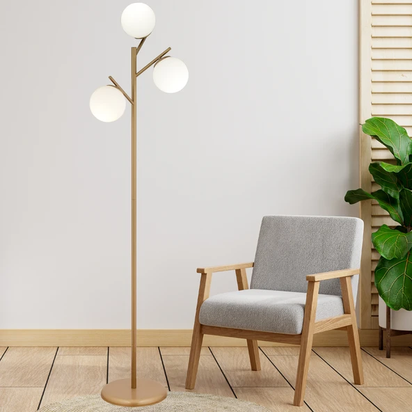 Renji 3Lü Eskitme Boyalı Beyaz Camlı Modern Tasarım Metal Lambader ürün görseli 1