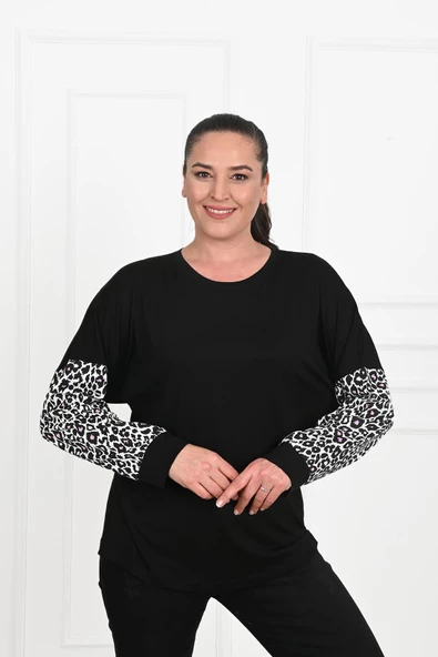 Kadın Leopar Kol  Detaylı Büyük Beden Bluz 1377-23 - 5