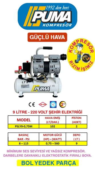 PUMA Sessiz Ve Yağsız 9 Litre. 0,75 Hp. 220 Volt. 8 Bar. Pistonlu Kompresör