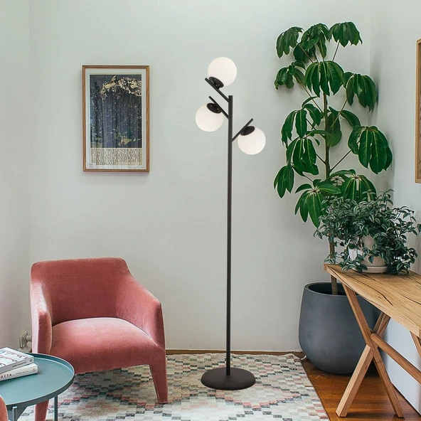 Renji 3Lü Siyah Boyalı Beyaz Camlı Modern Tasarım Metal Lambader - Resim 2