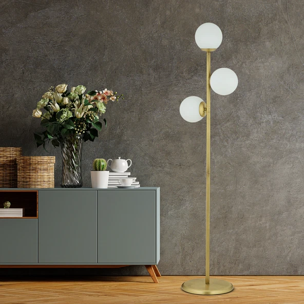 Zambak 3 Lü Eskitme Beyaz Camlı Modern Dekoratif Tasarım Metal Lambader ürün görseli 1